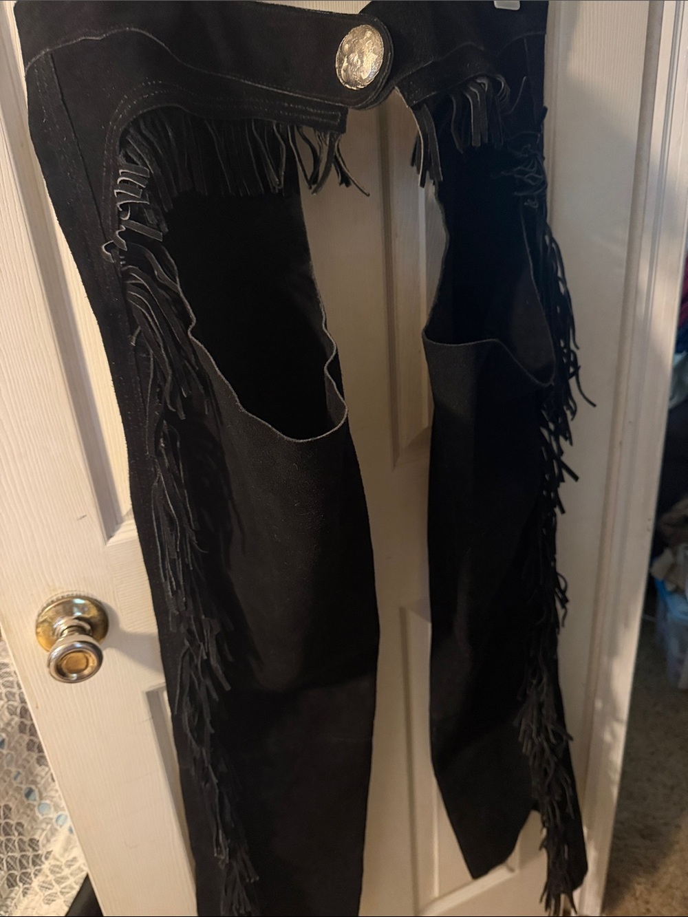 Black Suede Fringe Chaps with Concho Waist